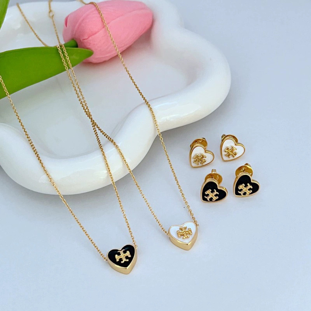 Tory Burch Gold Plated Heart Earrings Necklace Enamel Inlay Set